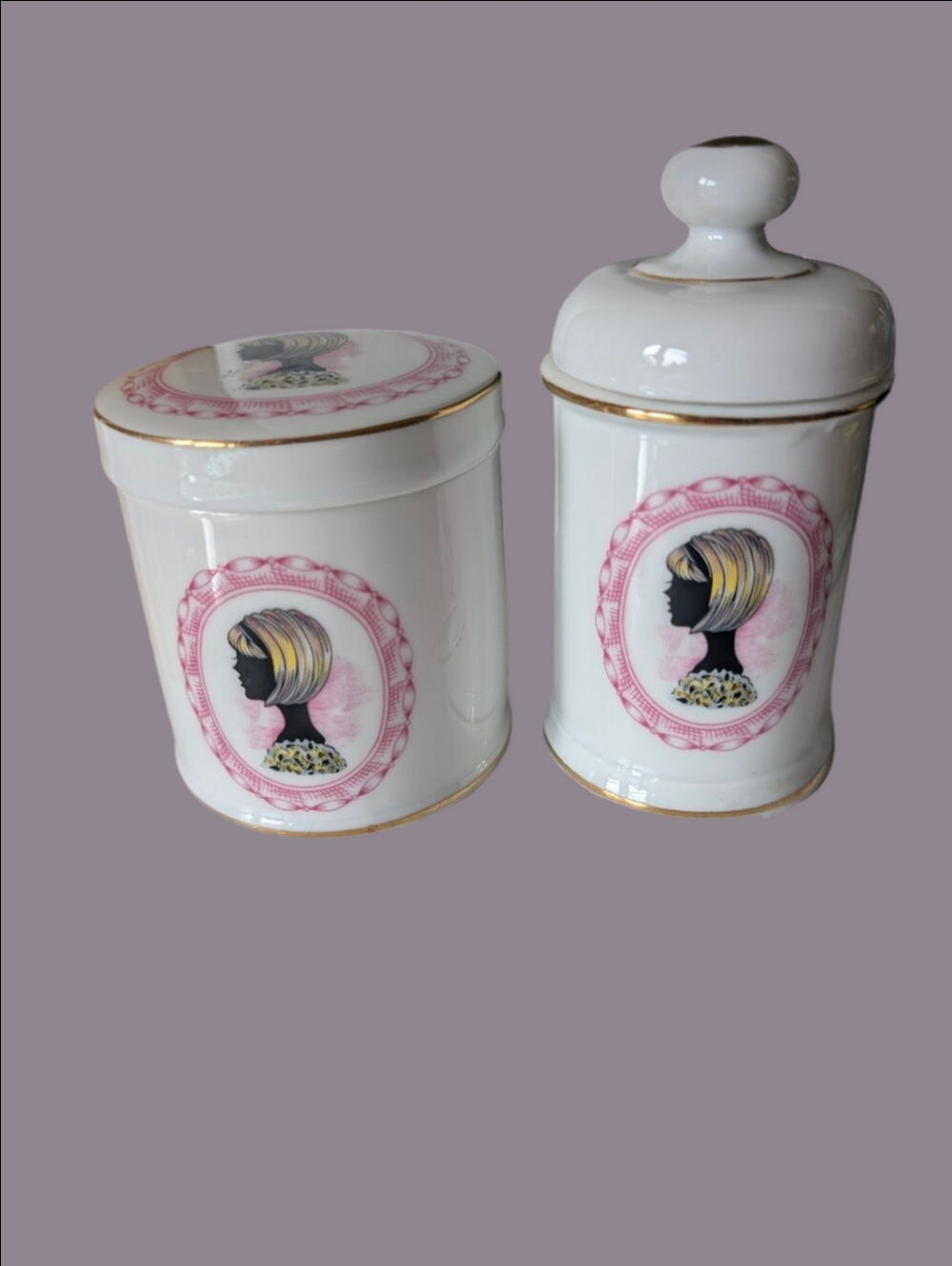 Vintage Dresser Jar Set Mod 1960 Silhouette Ceramic Canister Set Pink Cameo